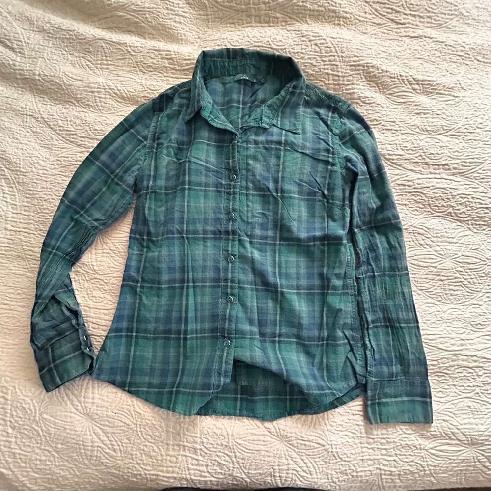 Prana Teal and Navy plaid Shirt, women’s XL